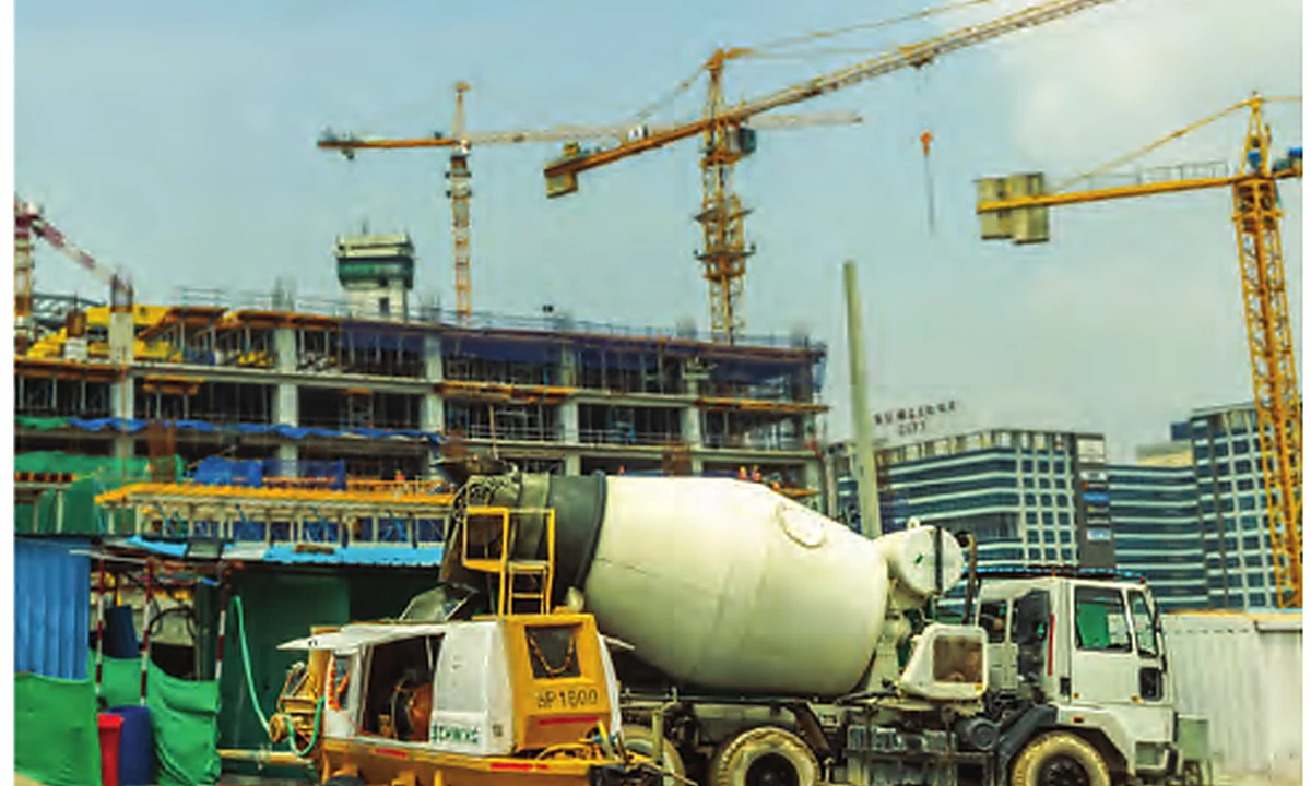 Concrete pump at active construction site